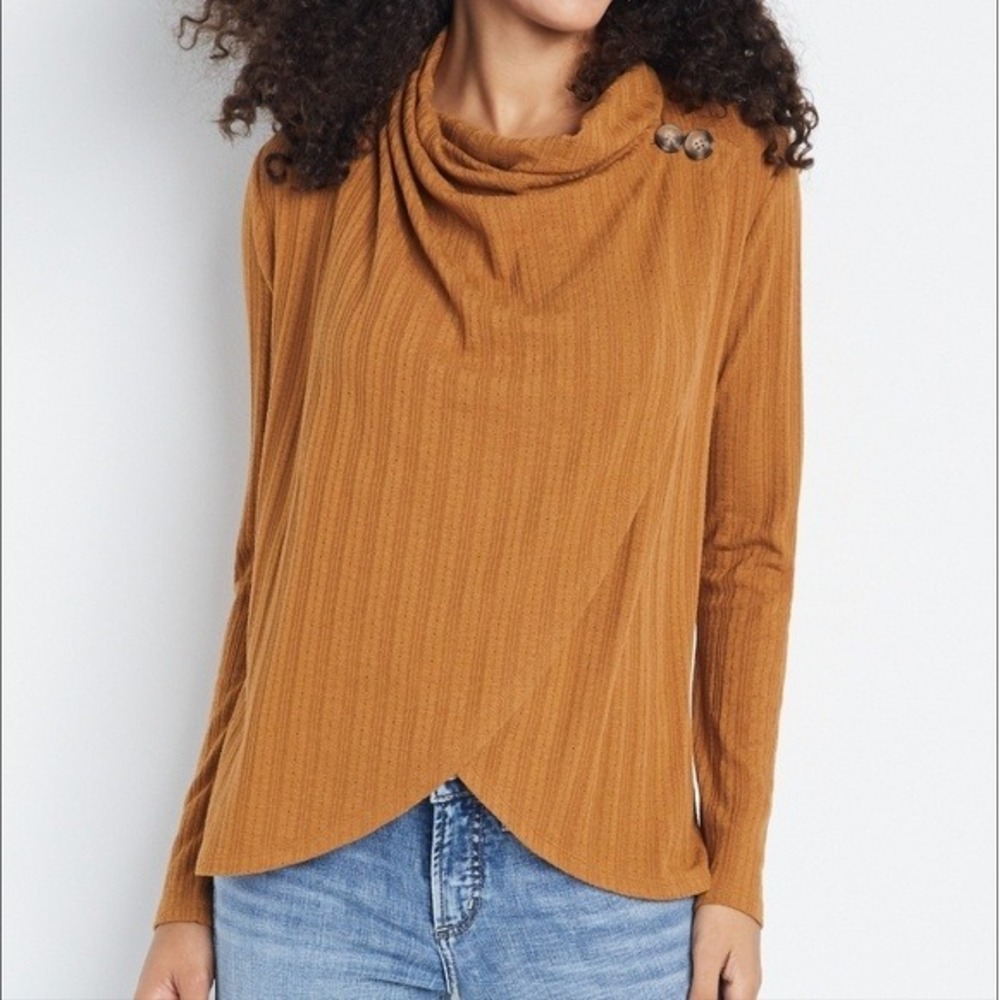 Maurices Wrap Front XXL Pointelle Cowl Neck Cardigan Gold Yellow Plus Size